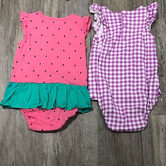 2 Carter’s Onesies With Ruffles Watermelon Pattern and Purple Gingham 24 Months - Picture 2 of 8